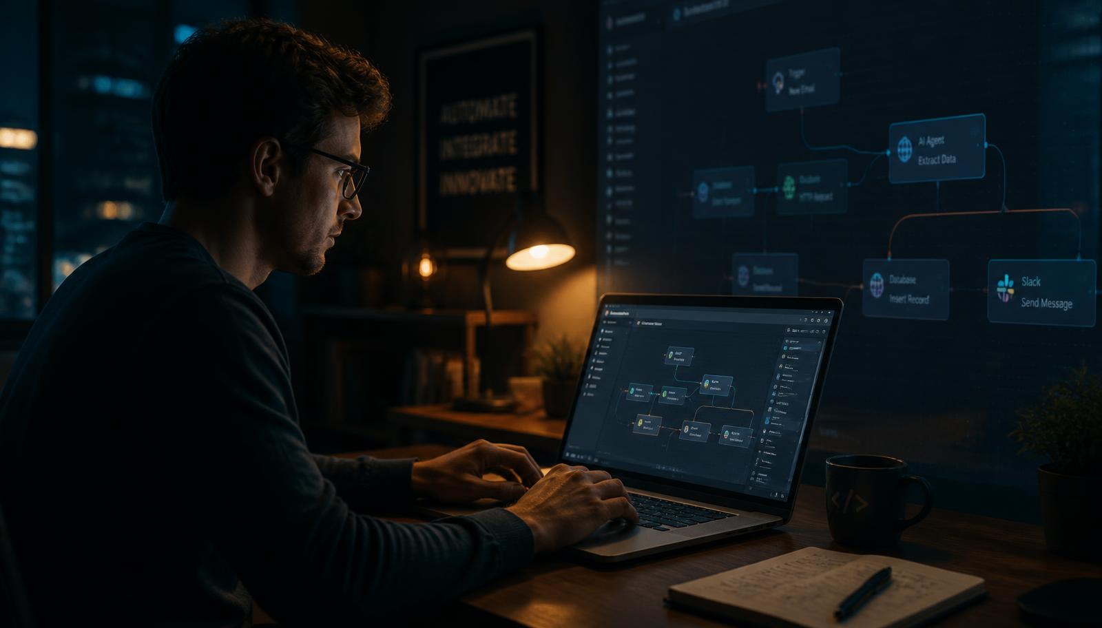 Student building an AI automation workflow with connected nodes on screen