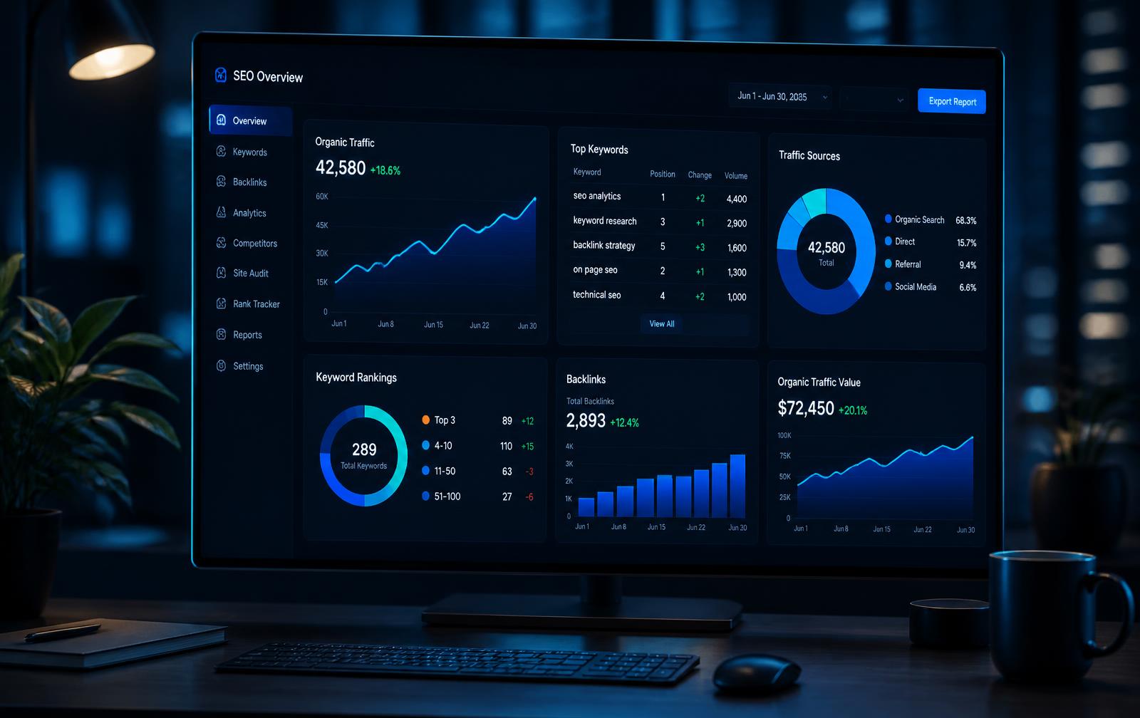 Analytics dashboard showing organic traffic and keyword growth