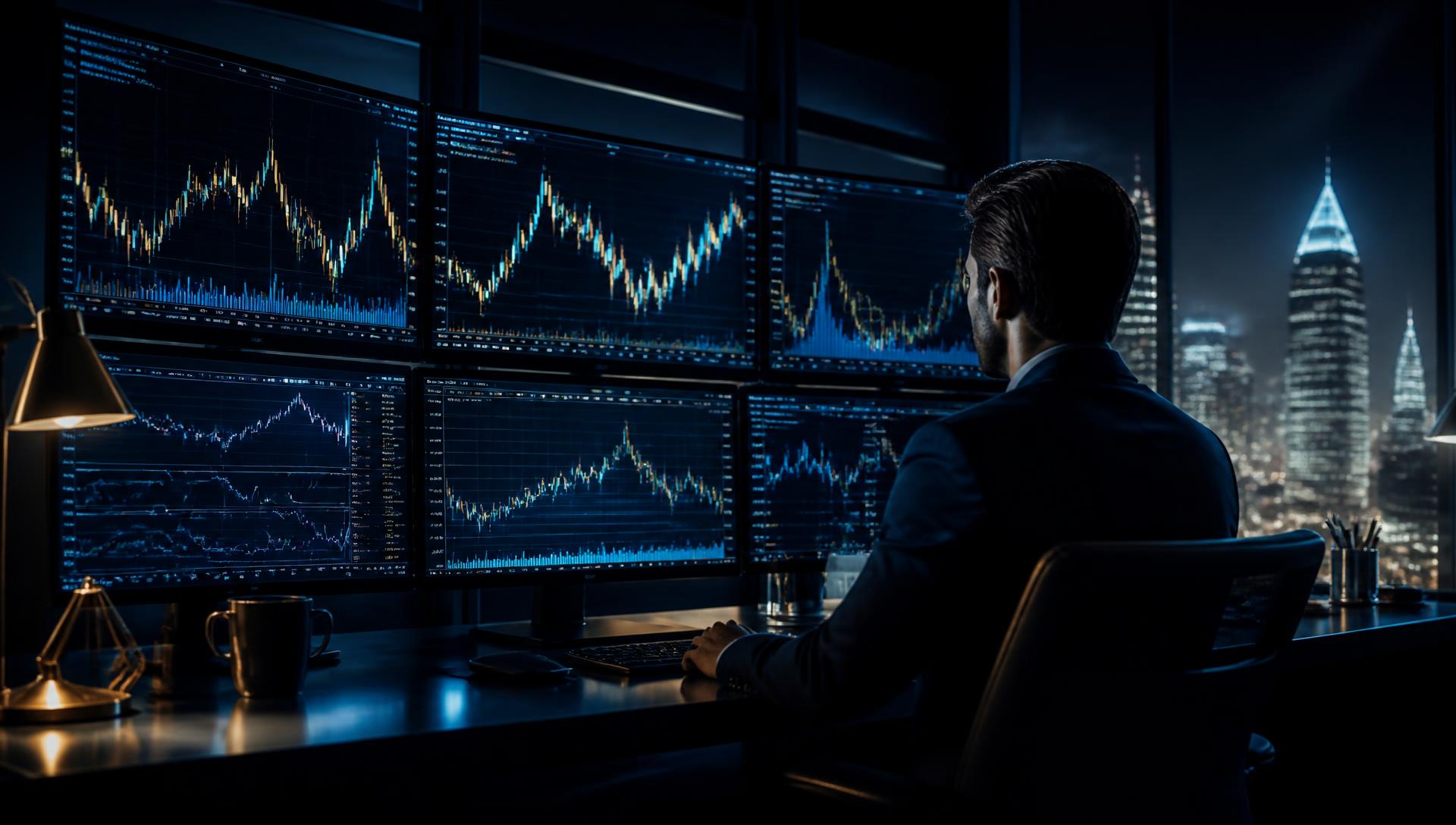 Professional trader analysing live Forex, gold and crypto candlestick charts on a multi-screen trading desk